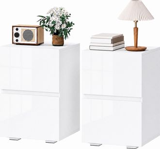 HOMCOM Homcom Juego De 2 Mesitas De Noche Estrechas, Mesillas De Noche Dormitorio Con 2 Cajones, Frentes De Alto Brillo, Para Espacios Reducidos, Blanco