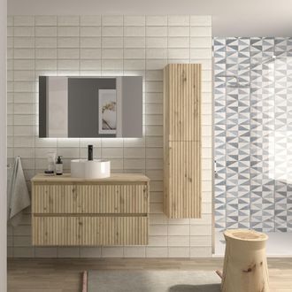 Cygnus Bath Mueble De Ba&ntilde;o Kira 100cm Roble 2 Cajones Lavabo Sobre Encimera 1 Poza Porcelana