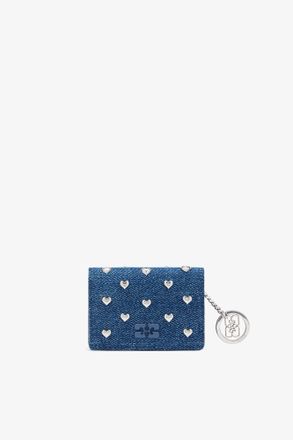 Ganni Blue Bou Card Holder With Flap Heart Studs in Denim
