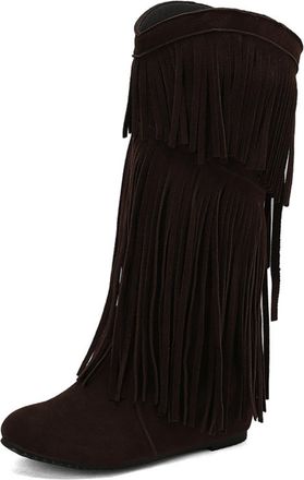 Generic Womens Suede Knee-High Boots Layered Fringe Decor High Wedge Heel Comfortable Round Toe Stylish Western Cowboy Style for Casual Party Daily Outfits,Br
