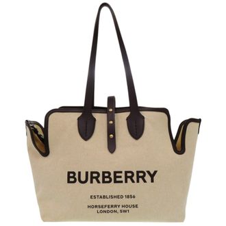 Burberry Beige Black Cotton Canvas Leather Tote Bag (Pre-Owned)