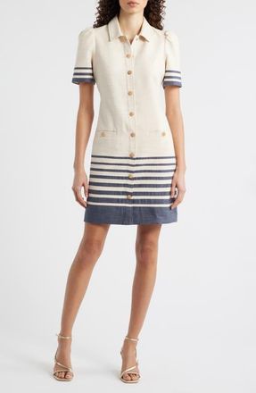 Eliza J Stripe Trim Snap Front Shirtdress in Ivory Navy at Nordstrom, Size 16