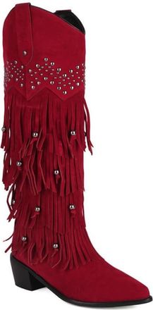Generic Womens Winter Vintage Knee High Riding Boots with Fringe and Rivets Decor Wide Calf Pull On Casual Party Dress Shoes (7.5,Wine Red)
