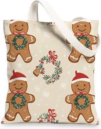 Generic Seamless Christmas Gingerbread Man Canvas Tote Bag for Shopping 13x15, Fun Kid Xmas Reusable Grocery Print Bag for Women, Holiday New Year Beach Aesth