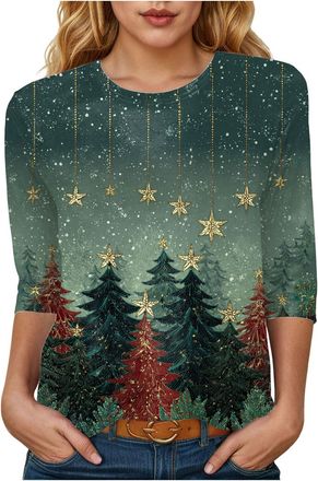 Generic Christmas Tops for Women 3/4 Sleeve Crew Neck Xmas T-Shirt Christmas Tree Printed Festive Tunic Ladies Comfortable Loose Fit Xmas Tshirts for Holiday 