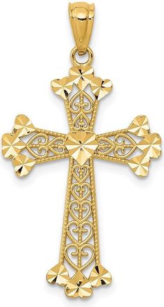 Diamond2Deal 14k Yellow Gold Diamond-cut Polished Filigree Hearts Cross Pendant