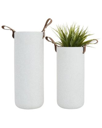 CosmoLiving by Cosmopolitan Cosmoliving By Cosmopolitan Set Of 2 White Ceramic Vase With Leather Handles