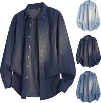 Generic Mens Casual Shirts Long Sleeve, Men Oversized Shirt, Plain Loose Fit Shirt Large Sized Undercoat Denim Style Outdoor Outwear Regular-Fit Top Solid Col