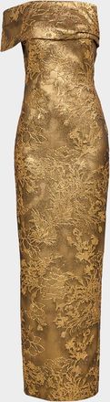 Pamella Roland Asymmetric Off-The-Shoulder Metallic Jacquard Gown