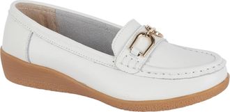 Jo & Joe Womens Leather Comfort Loafers with Gold Buckle - Cushioned Wedge Slip-On Smart Casual Shoes Sizes 4-8 (White, UK Footwear Size System, Adult, Women, 