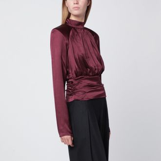 Rotate Bordeaux Ruched Silk Top