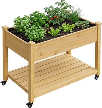 Relaxdays Relaxdays Jardinera Elevada Con Ruedas Y Estante, Hxbxt 84 X 105 X 56,5 Cm, Jard&iacute;n/balc&oacute;n/terraza, Abeto Natural