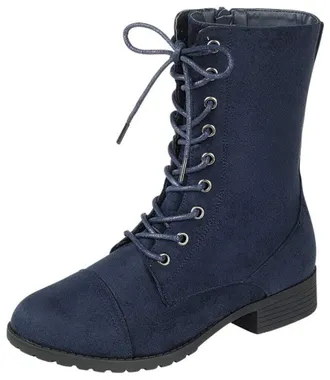 Forever Link Womens Round Toe Military Lace up Knit Ankle Cuff Low Heel Combat Boots, Navy, 4 UK