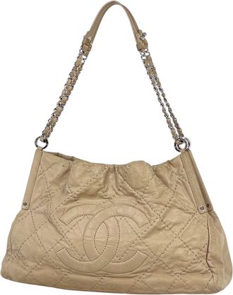 Chanel Beige Leather Shoulder Bag Tote Bag (Pre-Owned)
