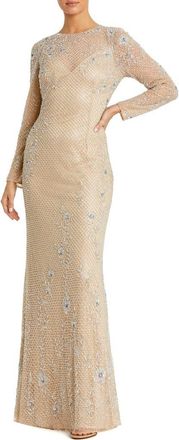 Mac Duggal Long Sleeve Embellished Evening Gown in Nude Silver at Nordstrom, Size 12