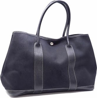 Herm&egrave;s Black Leather Toile Officier Handbag Tote Bag (Pre-Owned)