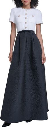 Karl Lagerfeld Mixed Media Short Sleeve A-Line Gown in Soft White Black at Nordstrom, Size 16