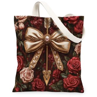 Generic Vintage Floral Canvas Tote Bags, Elegant Rose Design Reusable Grocery Bags, Classic Retro Lightweight Washable Shoulder Strap Canvas for Travel Shoppi
