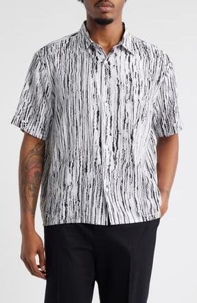 Open Edit Sizzle Stripe Short Sleeve Button-Up Shirt in White- Black Sizzle Stripe at Nordstrom Rack, Size X-Small