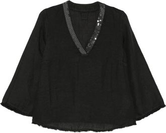 120% Lino V-hals Pailletten Blouse - Dames - Blouses - Zwart - M - Pailletten - Overhemden