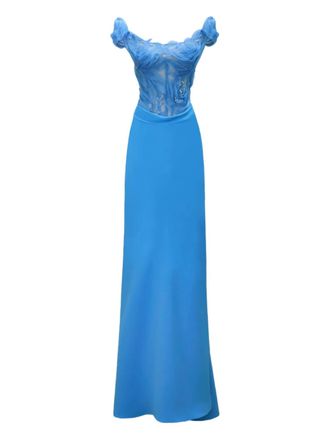 Gemy Maalouf Abito con ricamo a fiori - Blu