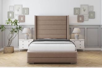 Sloomy Sterling Plush Frame-Mattress - 50 Upholstered Wingback Headboard in Taupe | Size: Double
