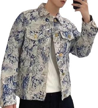 Generic Jean Jackets Men Vintage Floral Jackets Going Out Shacket Jacquard Collared Neck Button Down Long Sleeve Shirts