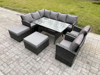 Fimous 10 Seater Outdoor Rattan Garden Furniture Set with Rectangular Dining Table 2 Big Footstool 2 Armchiars Patio Wicker in Dark Grey