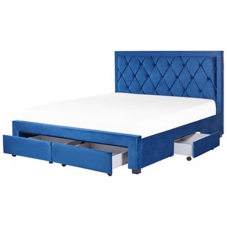 Beliani Cama Con Almacenaje De Terciopelo Azul Marino 180 X 200 Cm Cajones Cabecero Alto Capiton&eacute; Glamuroso Lievin