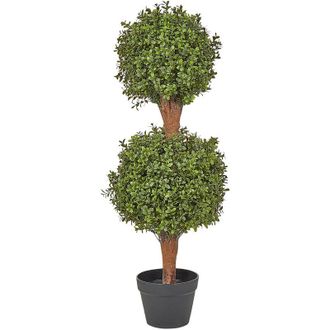 Beliani Planta Artificial En Maceta Uso Interior Exterior Decoraci&oacute;n De Pl&aacute;stico Tronco De Madera Con Maceta Negra 92 Cm Buxus Ball Tree