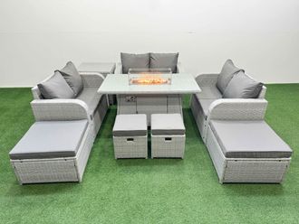 Fimous 10 Seater Outdoor Garden Furniture Sets with Gas Firepit Table in Light Grey