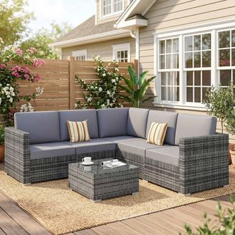 OUTSUNNY 4 PCs Rattan Furniture Set Sofa Chair Seat Wicker Coffee Table Aluminum Grey