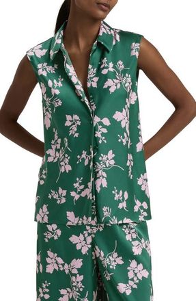 Favorite Daughter Agatha Sleeveless Crepe Satin Button-Up Shirt in Emerald Floral at Nordstrom, Size Small