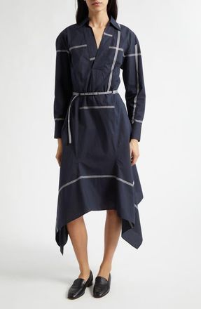 BOSS Doloh Ribbon Detail Long Sleeve Handkerchief Hem Cotton Dress in Sky Captain Plaid at Nordstrom, Size 16