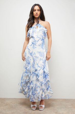 Oasis Womens Halterneck Spaghetti Strap Maxi Dress - Blue - Size 10 UK