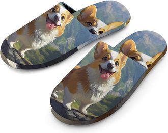 Generic Corgi Dog Standing on Top of A Mountain Mens House Slippers Slip Indoor Slipper On Shoes Warm Outdoor