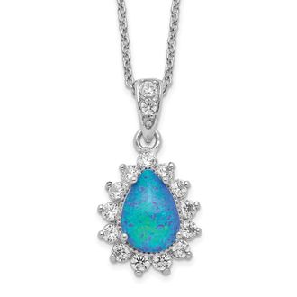 Diamond2Deal Sterling Silver Cabochon Lab Created Blue Opal and Cubic Zirconia Pear Necklace