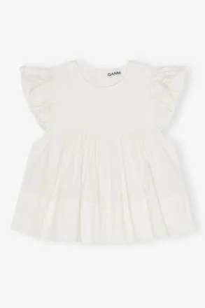 Ganni White Stretch Cotton Frill Sleeve Top - Size 10/12 Organic