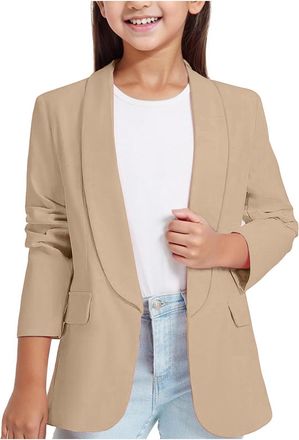 Generic Girls Blazer Open Front Formal Suit Jacket for Kids Long Sleeve Lapel Suit Tops Plain Casual Outwear for School Childrens Blazer with Pockets Khaki