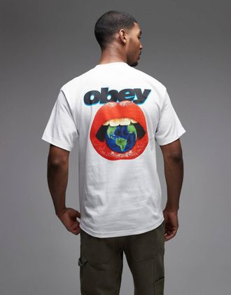 Obey T-shirt bianca con stampa di labbra e stampa sul retro-Bianco