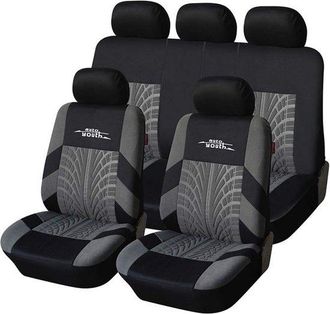 OEM Juego De Fundas Universales Para Asientos De Coche - 9 Piezas, Gris Con Estampado De Neum&aacute;ticos