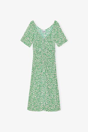 Ganni Beige Printed Crepe U-neck Midi Dress - Size 0 Viscose