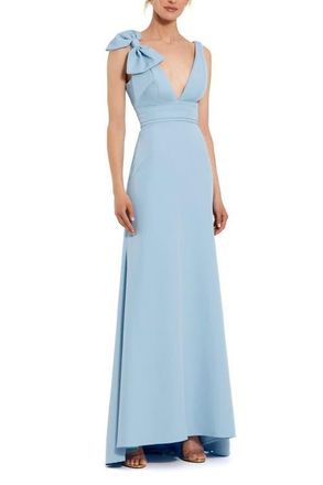 Mac Duggal Petite Sleeveless V Neck Bow Detail Mermaid Gown in Powder Blue at Nordstrom, Size 10P