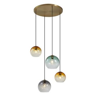 QAZQA Art D&eacute;co L&aacute;mpara Colgante Bronce Con Cristal Ahumado &Aacute;mbar Y Verde Redonda 4 Luces - Bao Acero /vidrio Redonda /esfera Adecuado Para Led Max. 4 X 15 W