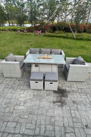Fimous Rattan Gas Fire Pit Dining Table Set Heater Burner Chairs With 2 PC Stools in Light Grey