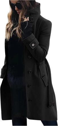 Generic Womens Elegant Lapel Single-breasted Tweed Trench Coat Fashion Business Casual Classic Outdoor Windproof Thickened Coat (Black,XL)