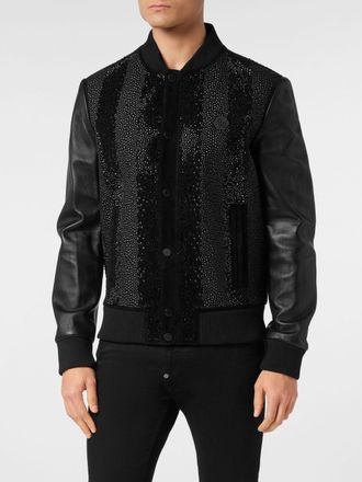 Philipp Plein Leather Varsity Bomber Jacket with Crystals and Embroidered Hexagon Logo