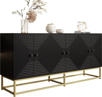 STILVORA Aparador Con 3 Puertas Dobles, Frentes En Relieve, Acabado Mate, Gran Almacenaje, 160&times;38&times;75,5 Cm, Aglomerado, Negro