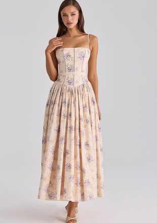 House of CB Ysabella - Prendisole midi in cotone color avorio con stampa floreale di peonie-Bianco