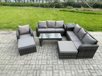 Fimous Outdoor Lounge Sofa Set 9 Seater Rattan Garden Furniture Set with Rectangular Coffee Table 2 Big Footstool 3 Seater Sofa Side Table